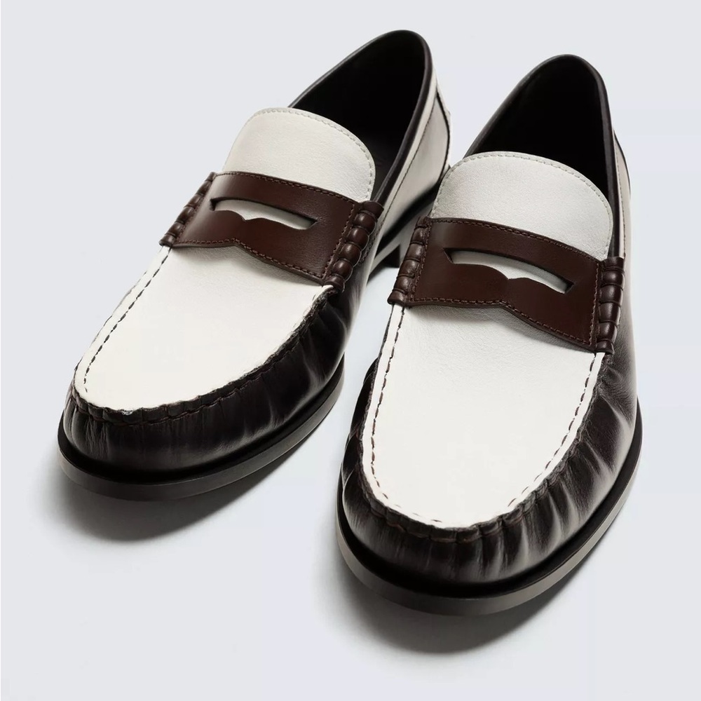 Zara Leather Two Tone Penny Loafers Brown White Preppy Old Money NWT 41 EU 8 US - Picture 1 of 12